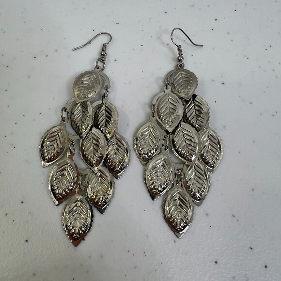 Leaf Earrings Dangle Silver Tone Charm Chandelier Boho Long‎ Statement Textured - Picture 1 of 5